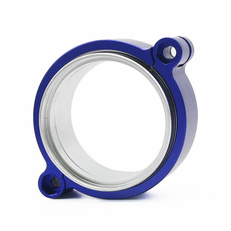 Aluminium fixed movement clamp for automotive turbine exhaust downspouts in black, blue, or red