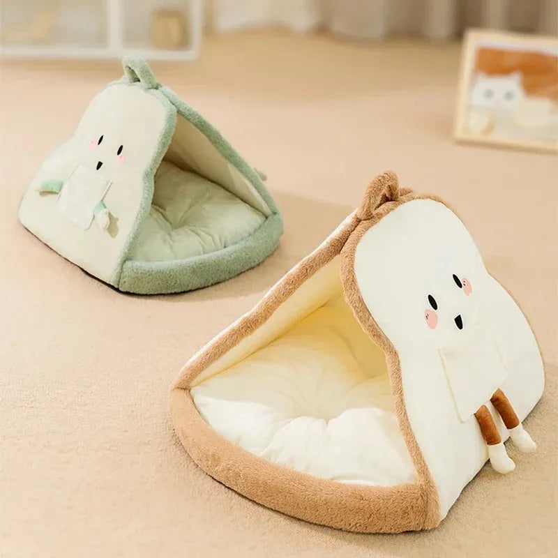 Green winter cat tent bed showing deep cave opening and soft interior, with size dimensions indicated