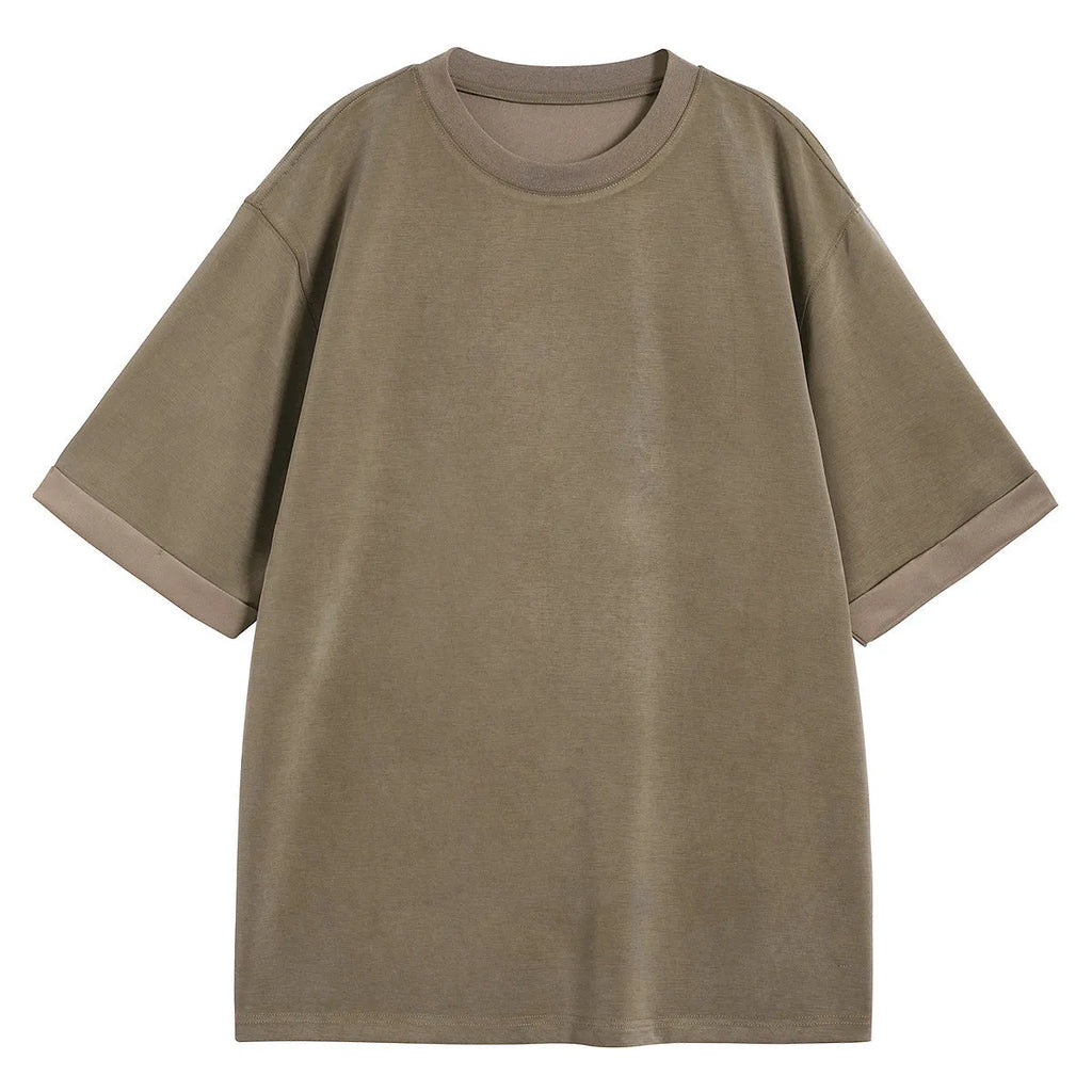 Men's brown drape knit loose fit casual T-shirt with short sleeves