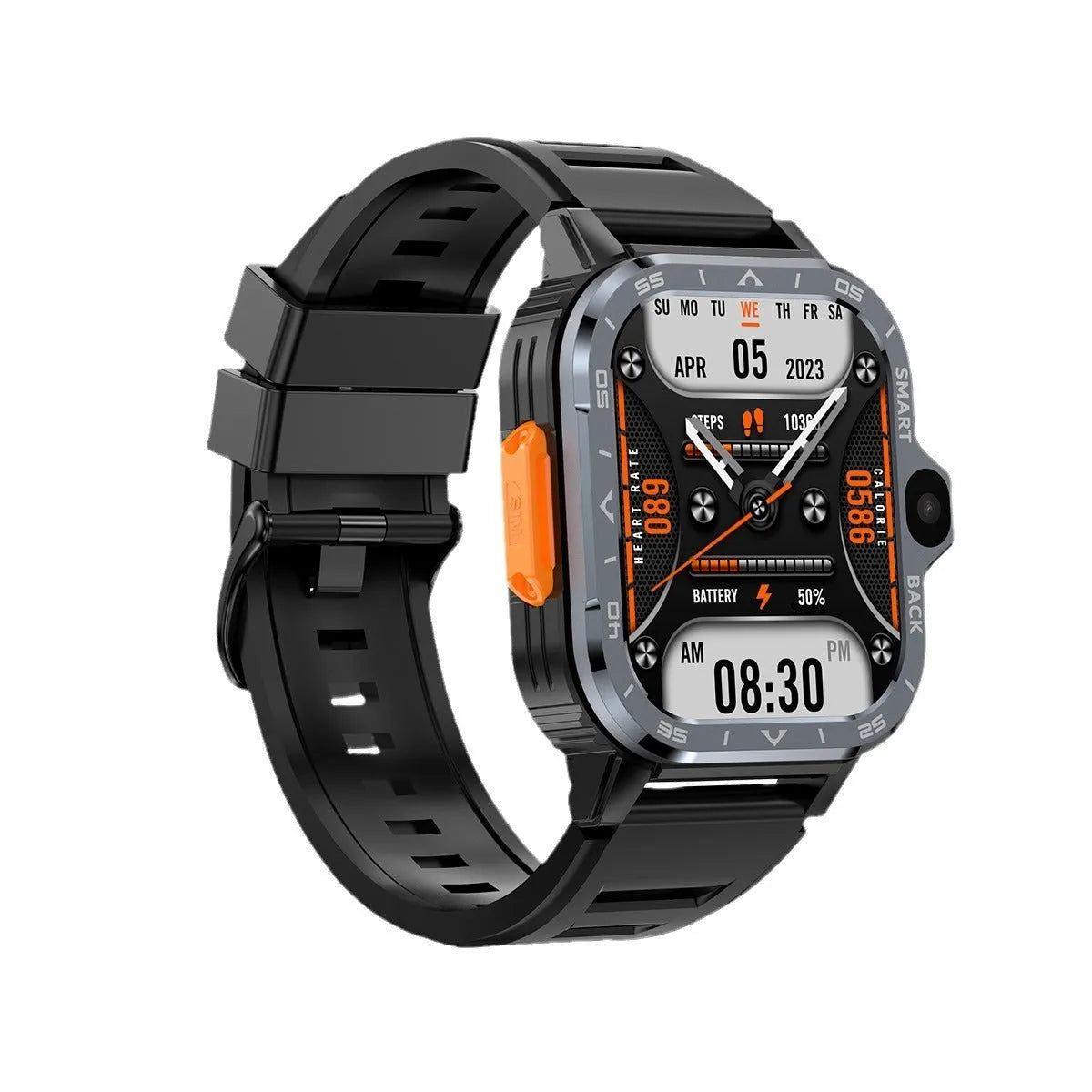 Black Android smart watch with touch screen displaying time, worn on wrist