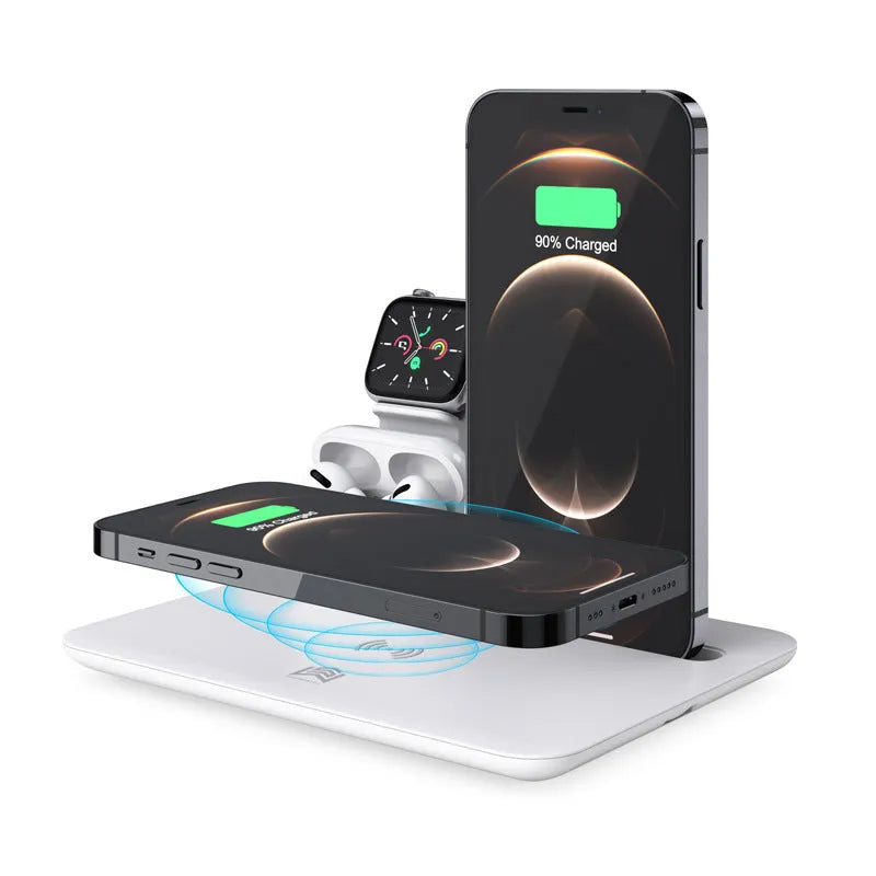 Black wireless charging station on desk with phone, watch, and headphones connected, showing 175mm size