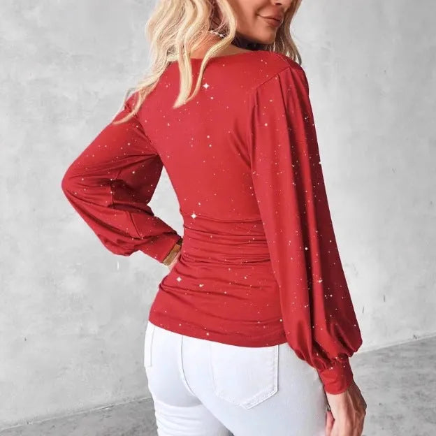Women's red polyester top with draped neck, flared long sleeves, sequins, slim fit pullover, sizes S-XXL