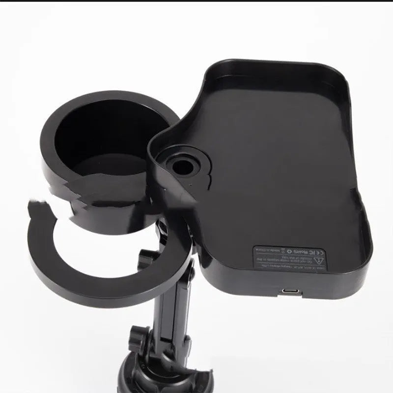 Black car cup holder with wireless charging option, ABS and polyurethane, dashboard mount