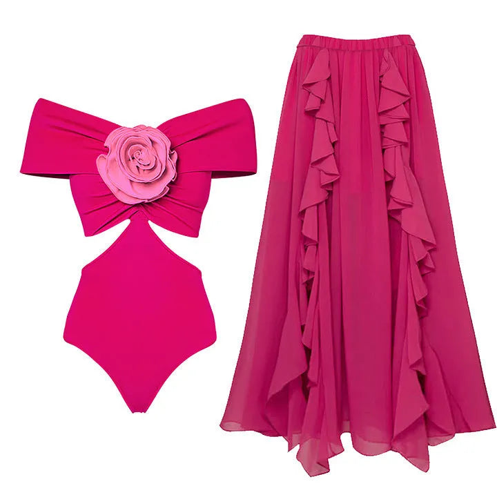Women's hollow-out flower decoration one-piece swimsuit with optional matching skirt in quick-drying polyester fabric