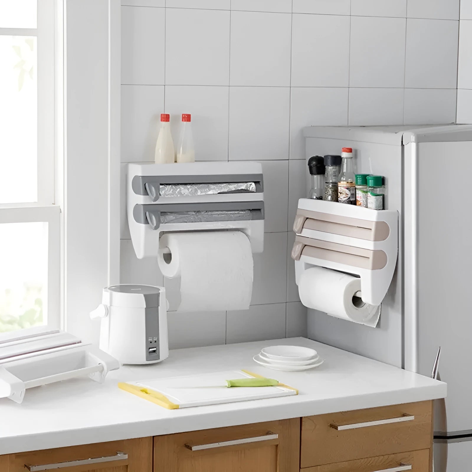 White wall-mounted 4-in-1 kitchen roll holder dispenser for cling film, foil, and paper towels