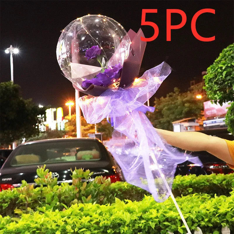 LED luminous balloon rose bouquet with transparent bobo ball design, artificial flowers, and LED lights for DIY Valentine's Day decorations