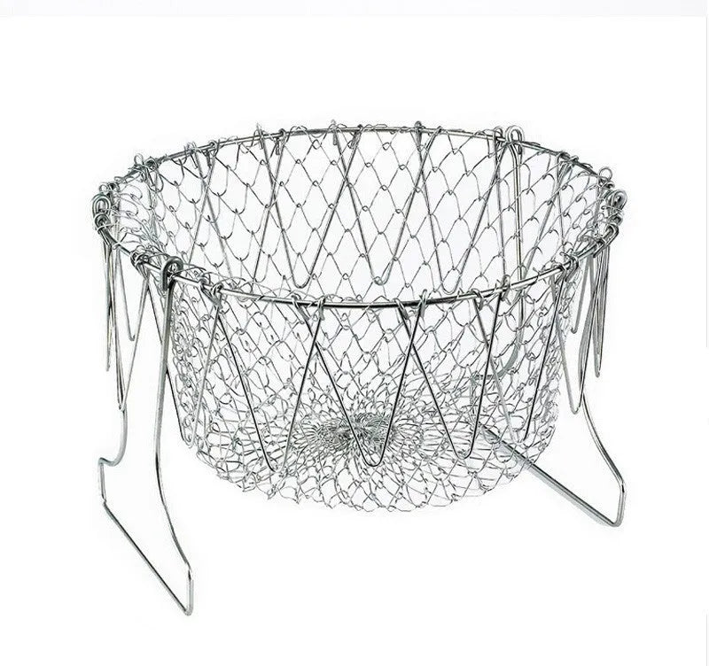 Stainless steel deep fry basket with foldable handle, showing water-permeable grid design for kitchen use