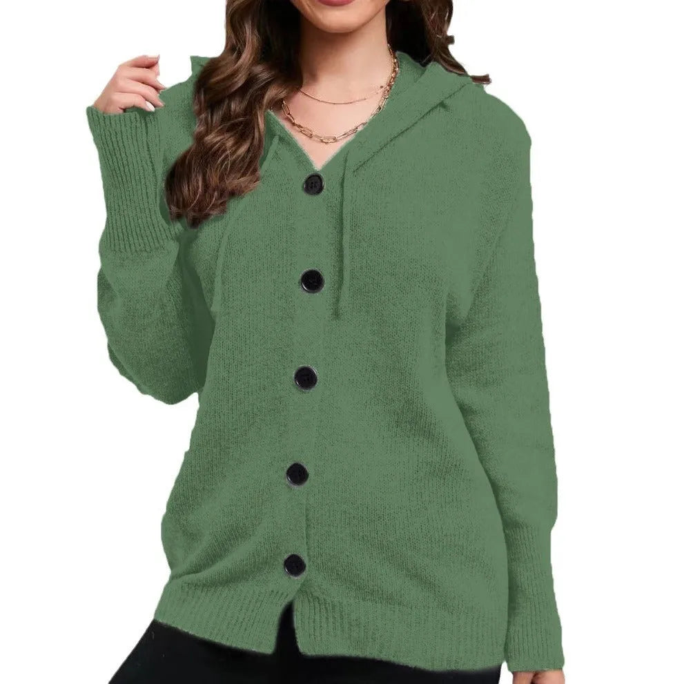 Women's solid colour hooded cardigan with 3D pattern, loose fit, and long sleeves in cotton fabric