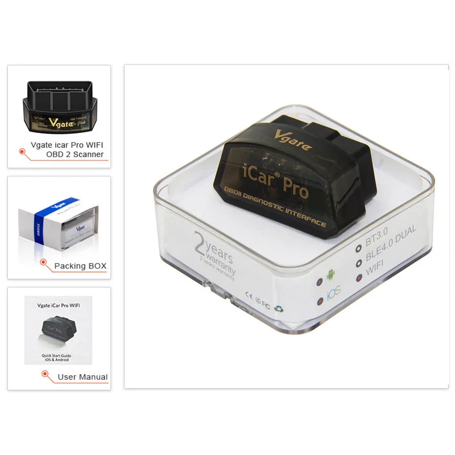 Vgate iCar Pro V2.2 OBDII Bluetooth adapter in black for Android and iOS diagnostics