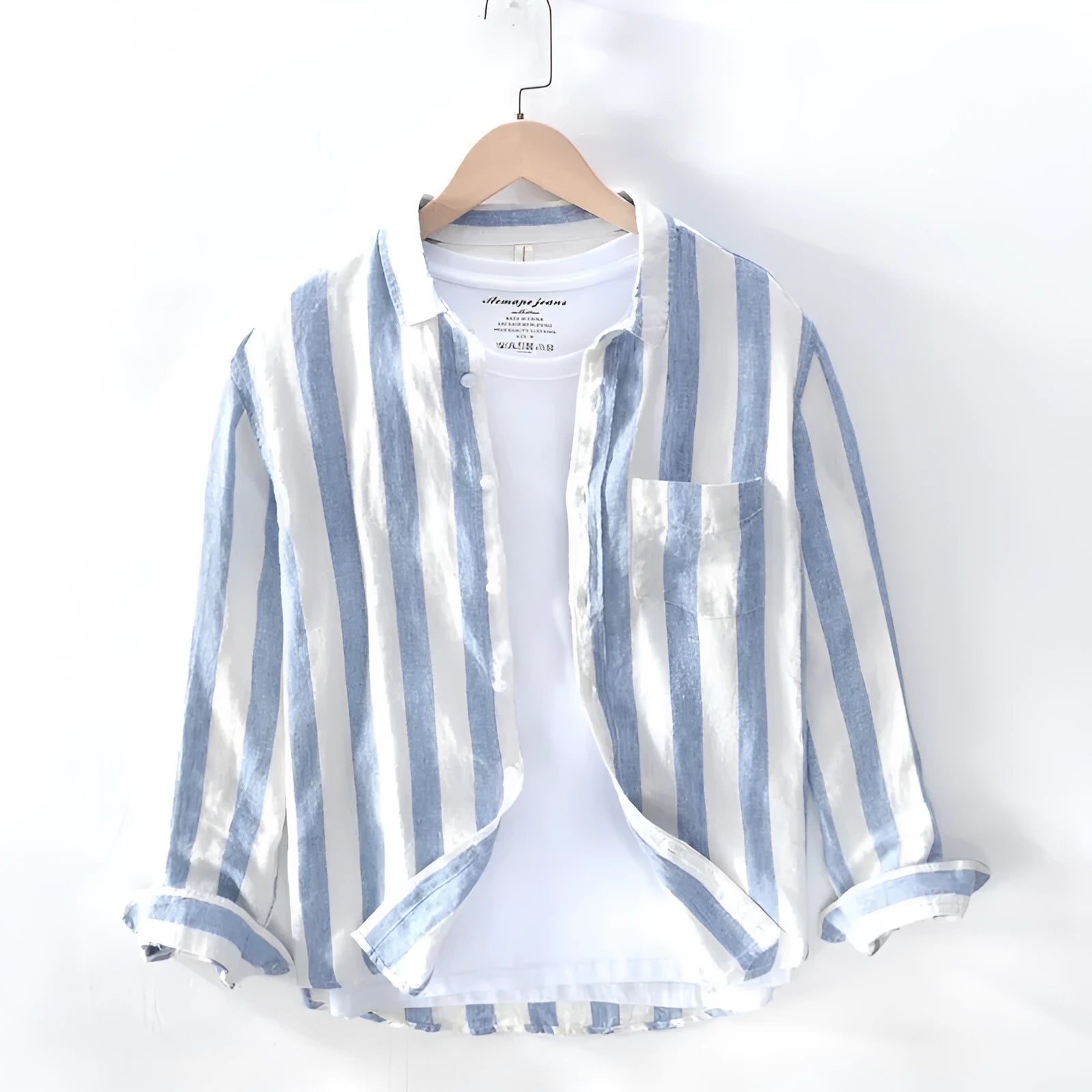 Men's blue Hong Kong style loose fit shirt with long sleeves for plus size individuals