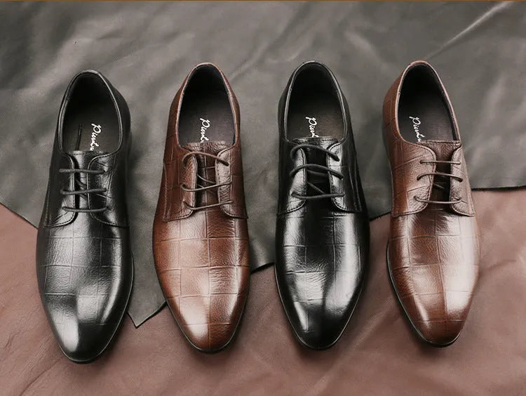 Men's black leather Derby shoes with pointed toe, handmade sewing details, and antiskid rubber sole