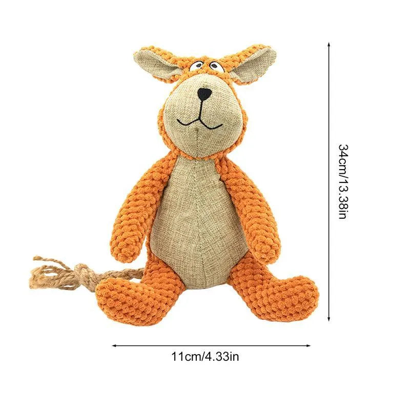 Squeaky plush dog toy in animal shapes for interactive play and teeth cleaning