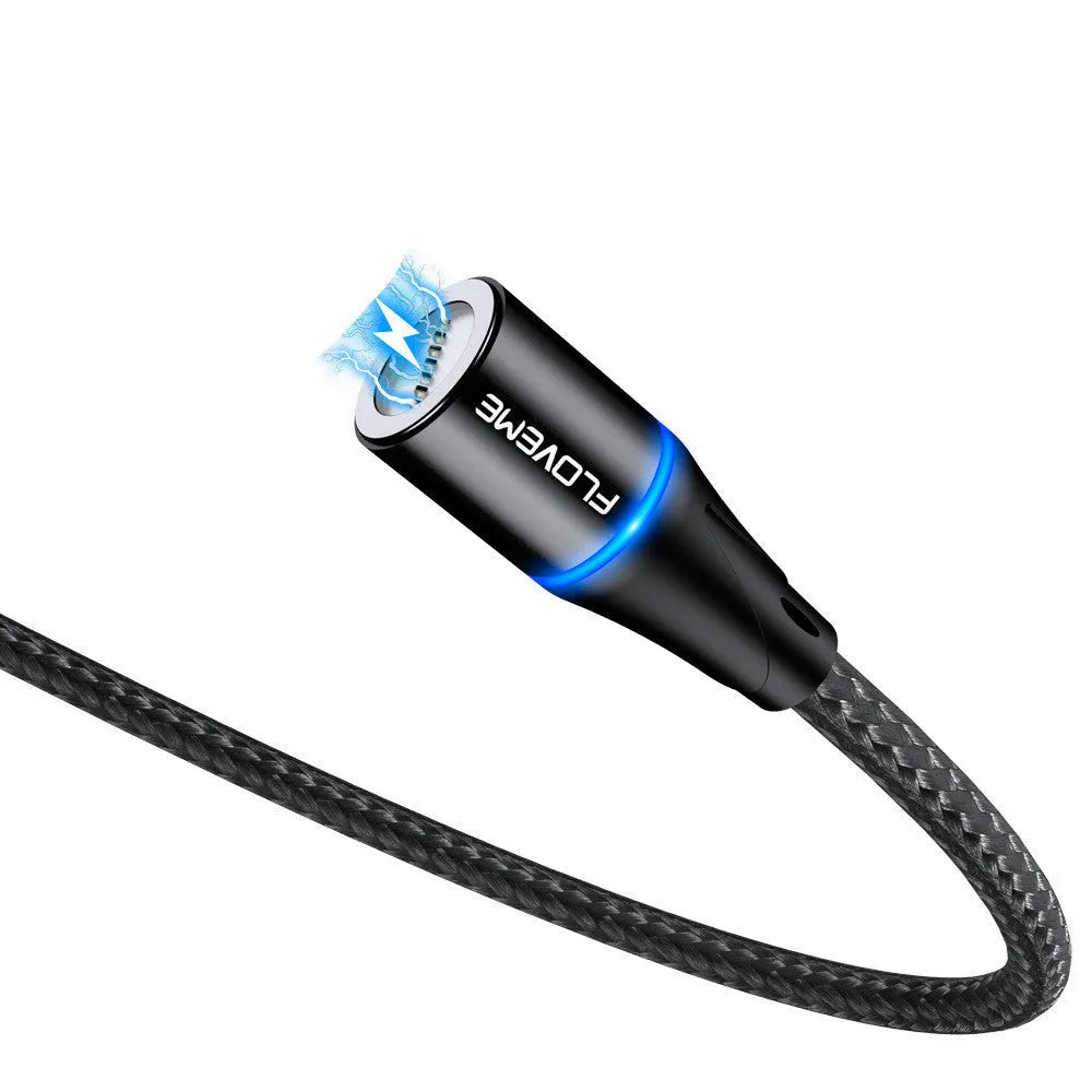 3A fast charge magnetic data cable with side light, showing Type-C connector and 3-in-1 heads for Apple and Android devices