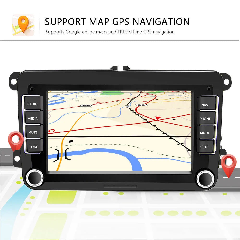 Universal 7-inch Android car player for Volkswagen dashboard with touchscreen display.