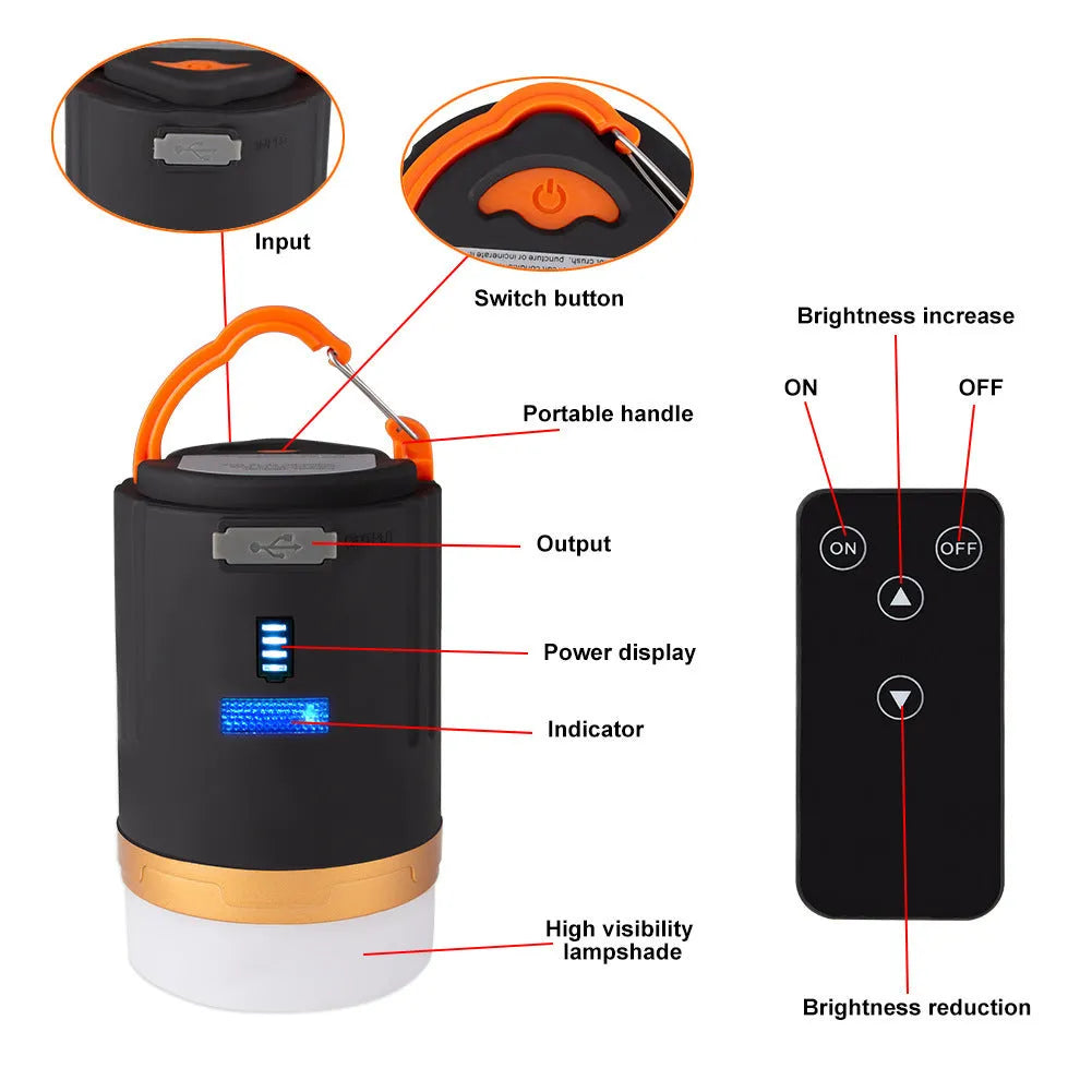 Black rechargeable LED camping light with remote control, 4800mAh battery, IPX6 waterproof, hanging hook and magnet