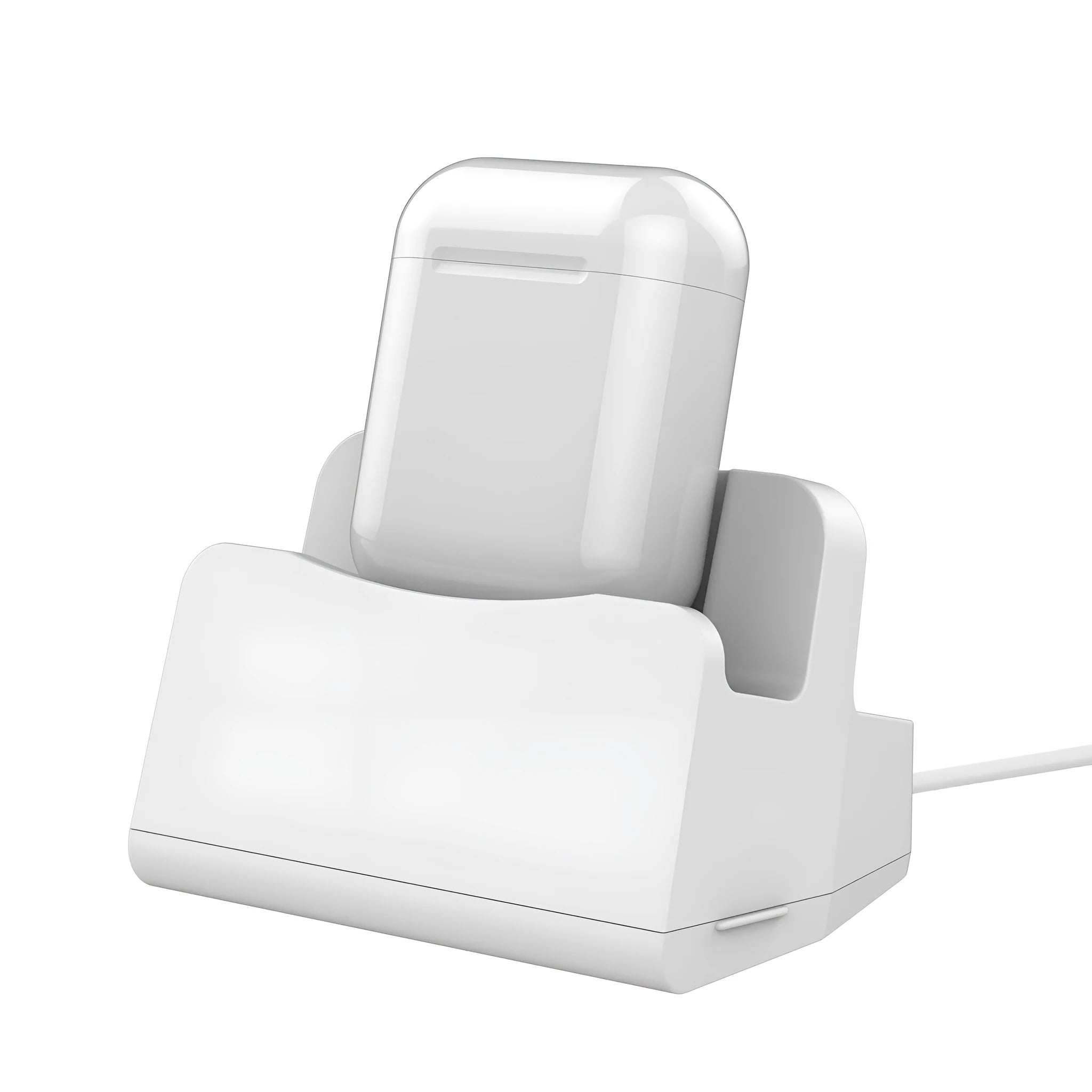 White headphone charging base station with fashion last design on flat surface