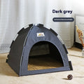 Grey linen-like fabric pet tent bed with removable washable cover for cats and small dogs.