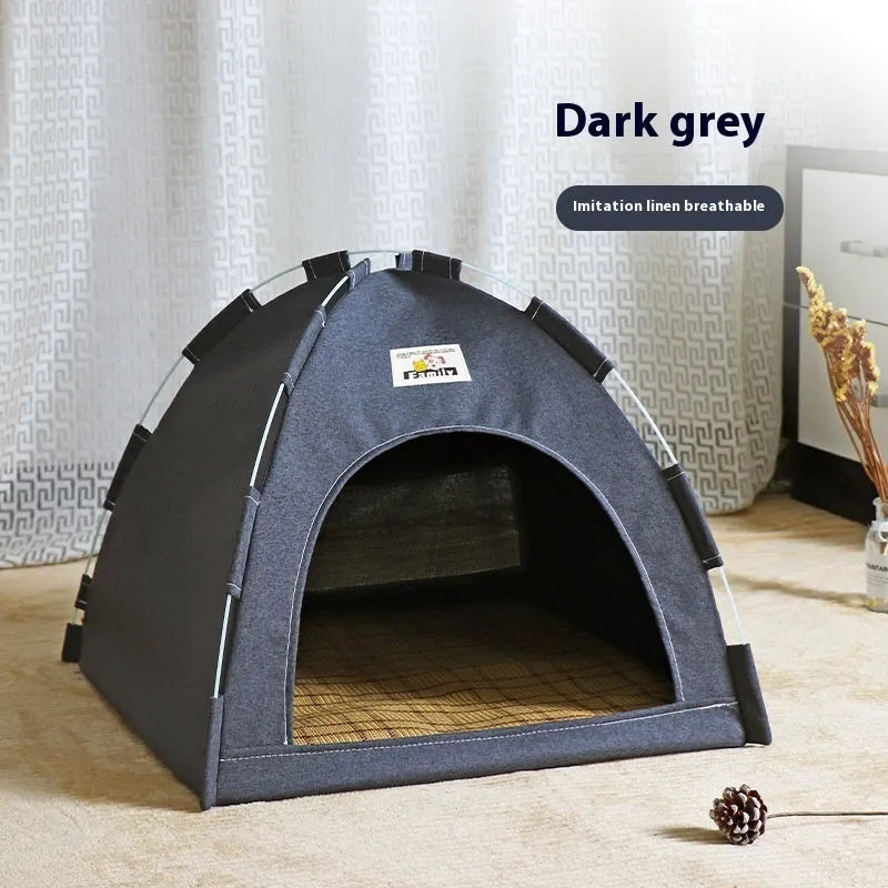 Grey linen-like fabric pet tent bed with removable washable cover for cats and small dogs.