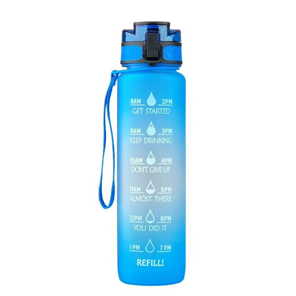 Clear 1000ml Tritan sports water bottle with blue lid and infuser inside, showing measurements.