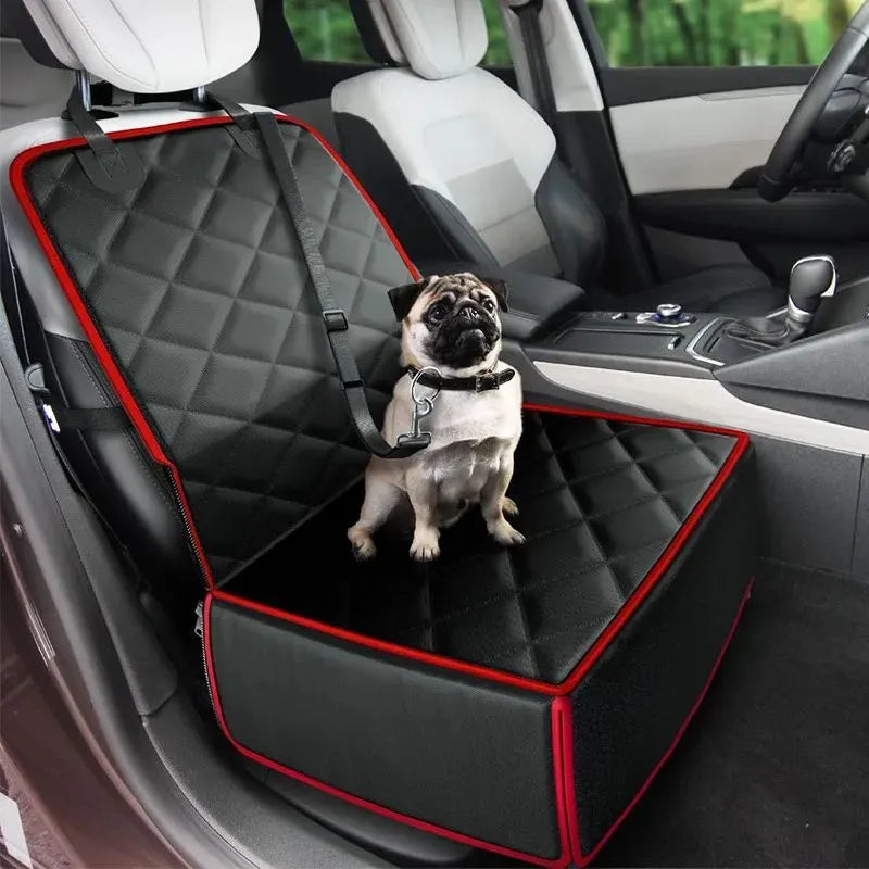 Black non-slip car pet pad for dogs on a car seat, showing anti-dirt surface.
