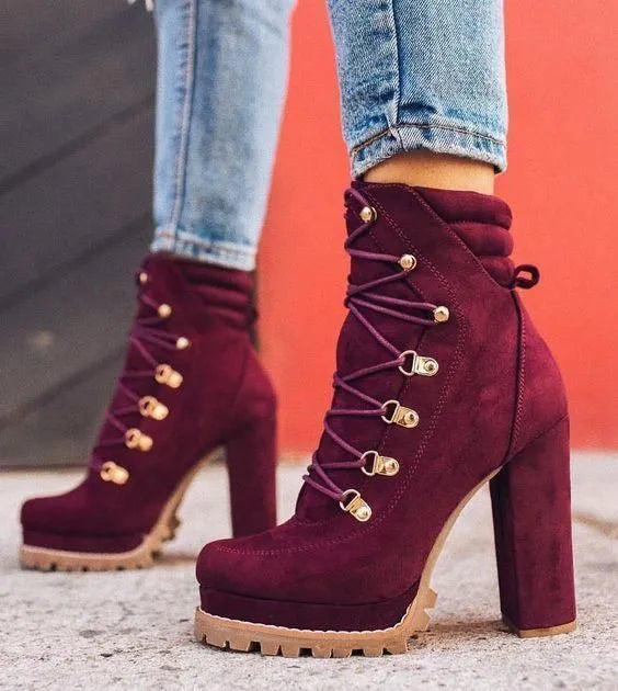 Women's suede high heel boots with thick 8cm heels, waterproof platforms, and cotton lining in army green colour