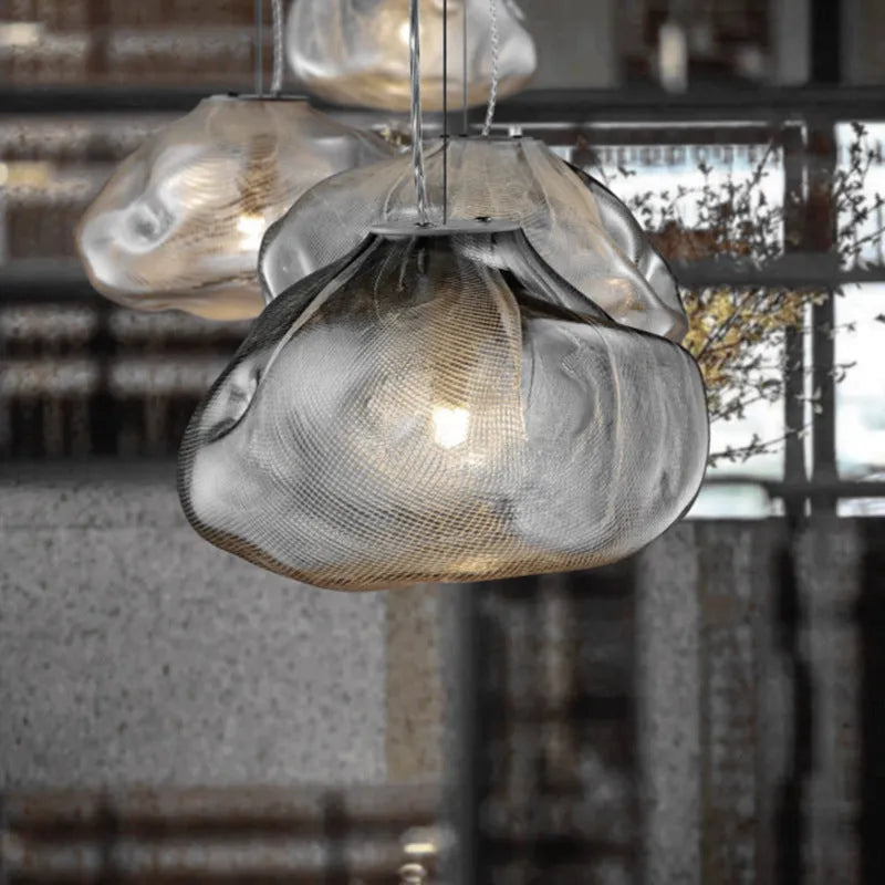 Postmodern light luxury glass decorative chandelier in amber finish with fabric body and push-button switch