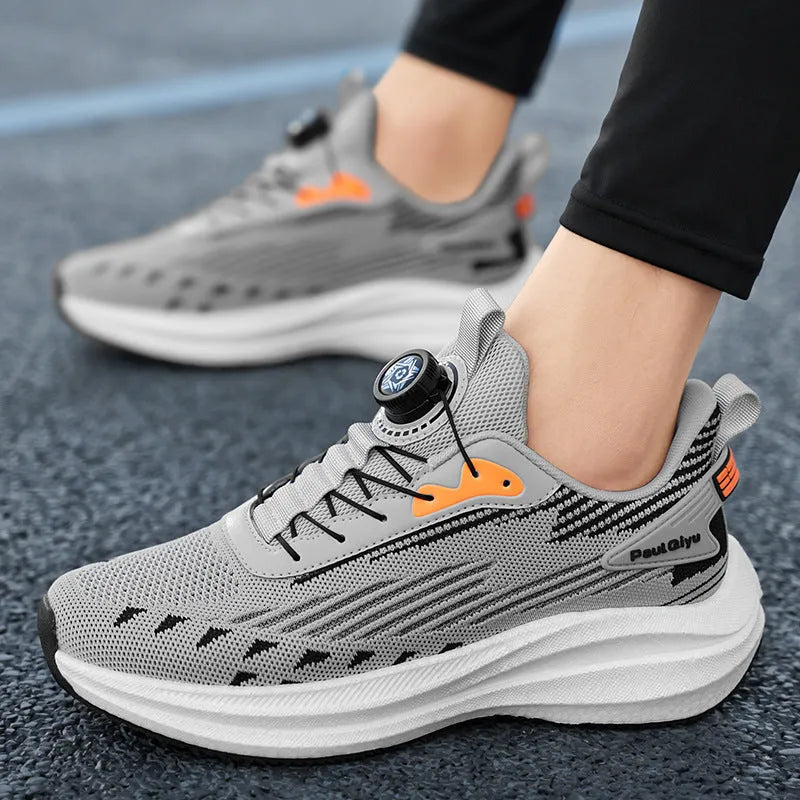 Men's white green Fly-kit mesh running shoes with rotating buckle and TPU sole, low-top design