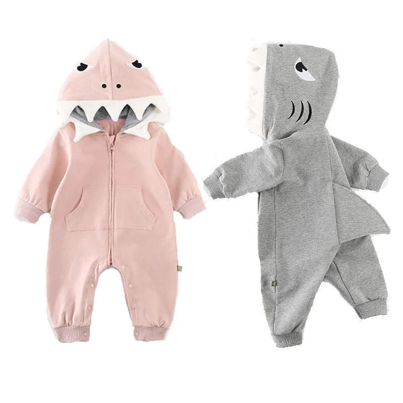 Cartoon shark hooded children's robe with long sleeves, full-length zipper, and 90% cotton fabric in gray or pink