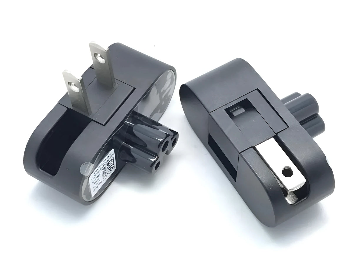 Black notebook power head folding plug with two forks shown in straight and 90-degree positions
