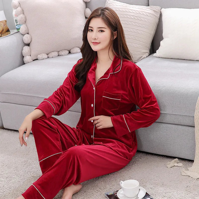 Couple winter velvet long sleeve pyjama set in Dark red, Grey, and Navy blue with size chart in cm for men and women.