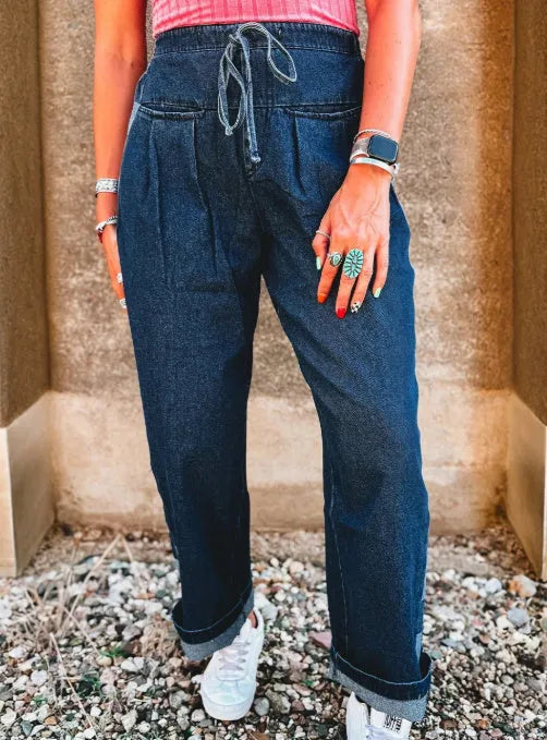 Sail blue loose jeans with checkered side panels and drawstring waist, cotton blend, Asian sizes 4-16.