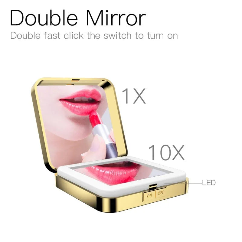 Black lighted makeup mirror with dual magnification showing 4x and HD sides, adjustable lighting controls visible