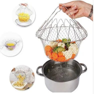 Stainless steel deep fry basket with foldable handle, showing water-permeable grid design for kitchen use