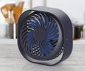 USB desk fan with alarm clock, 360-degree rotation, in pink, green, white, or deep blue, measuring 135x135x59mm