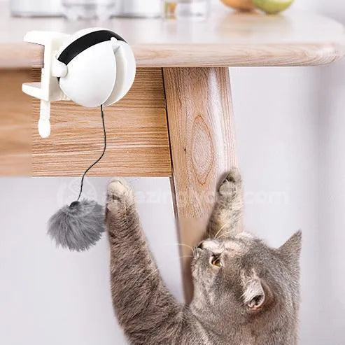 White electric interactive cat toy with 7cm ball and rope plus real fur ball accessory for indoor cats