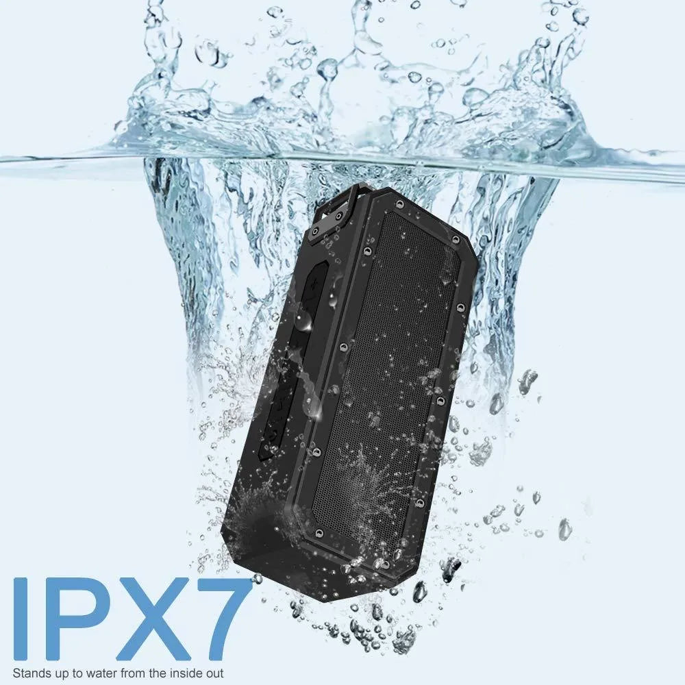 Black X3 PRO 40W waterproof Bluetooth speaker with carry rope, showing size and ports.