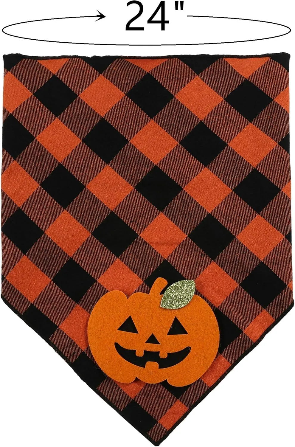 Orange Halloween dog bandana with pumpkin and skeleton felt appliques on plaid fabric