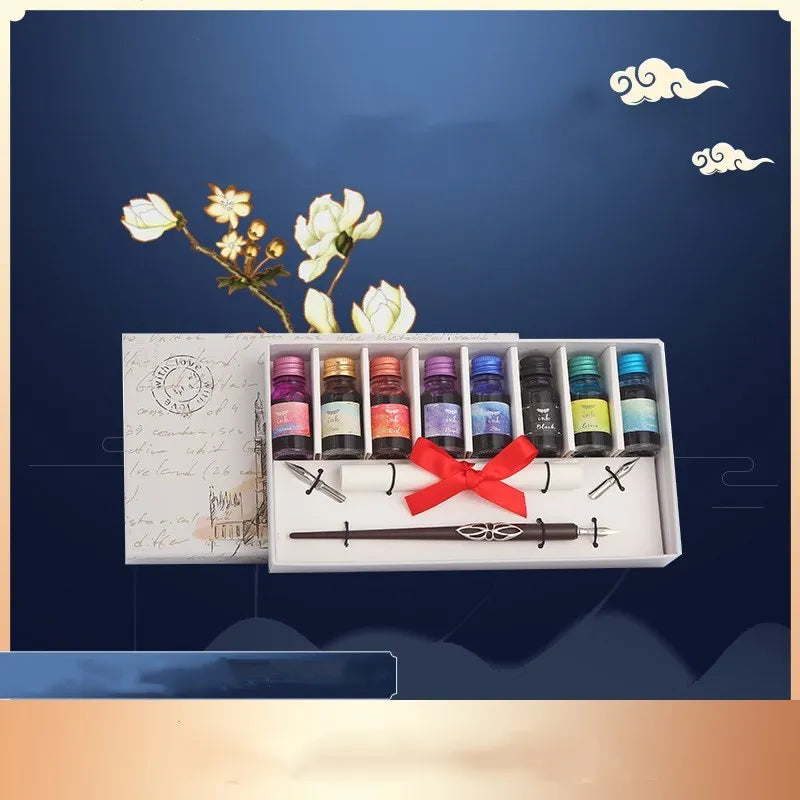 Wooden dip pen gift set with coloured ink bottles in presentation box for calligraphy writing
