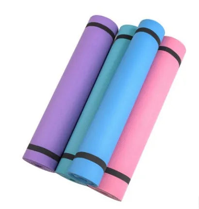EVA yoga mat in blue with anti-skid surface, showing 173 cm length and 61 cm width dimensions