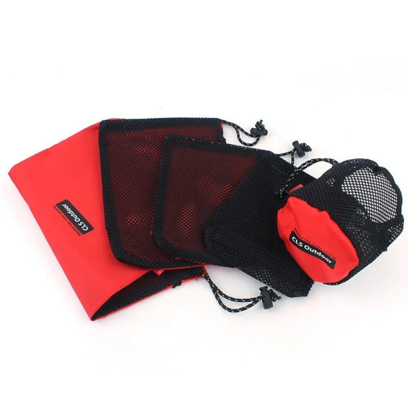 Red outdoor travel storage bag set with five organisers showing zipper closures and multiple internal pockets