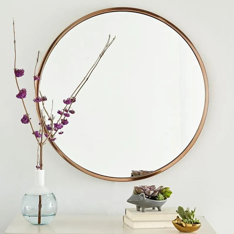 Round bathroom wall mirror with metal frame in black, gold or white colour options