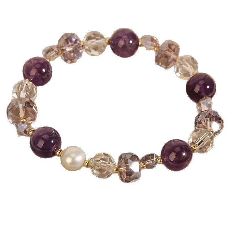 Women's artificial amethyst bracelet with pearl and four-leaf clover charm on U-shaped crystal bangle
