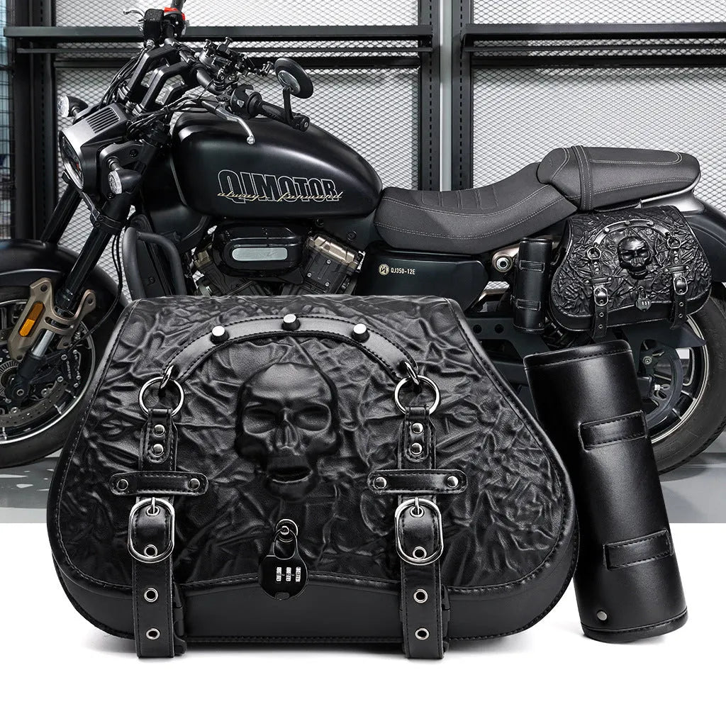 A pair of black PU motorcycle side bags with mounting hardware for luggage storage.