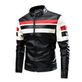 Men's PU leather motorcycle jacket with stand collar and zip pockets in brick red, brown or ivory white