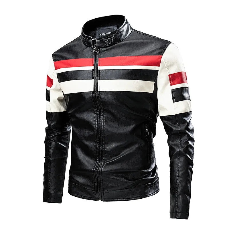 Men's PU leather motorcycle jacket with stand collar and zip pockets in brick red, brown or ivory white
