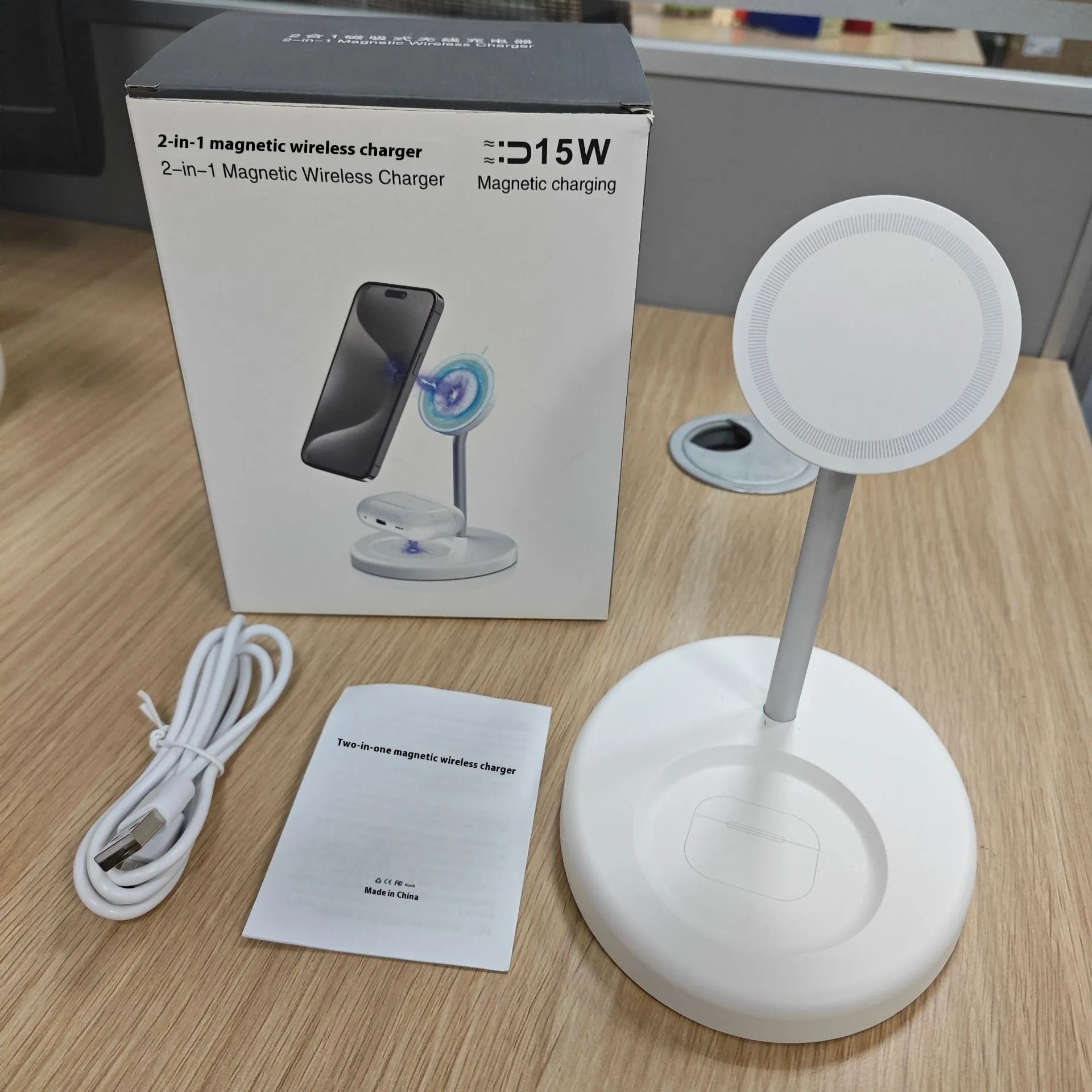 Vertical wireless charger with cooling holes showing smartphone charging in upright position