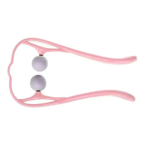 Plastic swan-shaped neck massager in pink, blue, or green with adjustable hand roller for 360° pressure point therapy