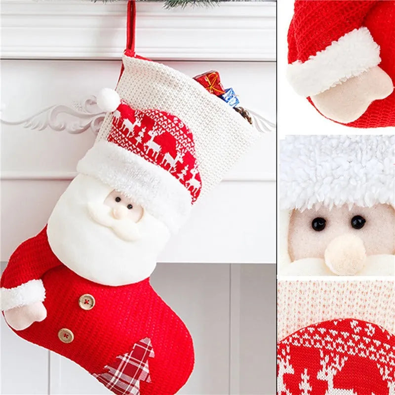 Large red white knitted Christmas stocking with Santa Claus design hanging above fireplace