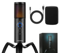 Q18 black condenser microphone with RGB lighting on adjustable metal tripod for recording and streaming
