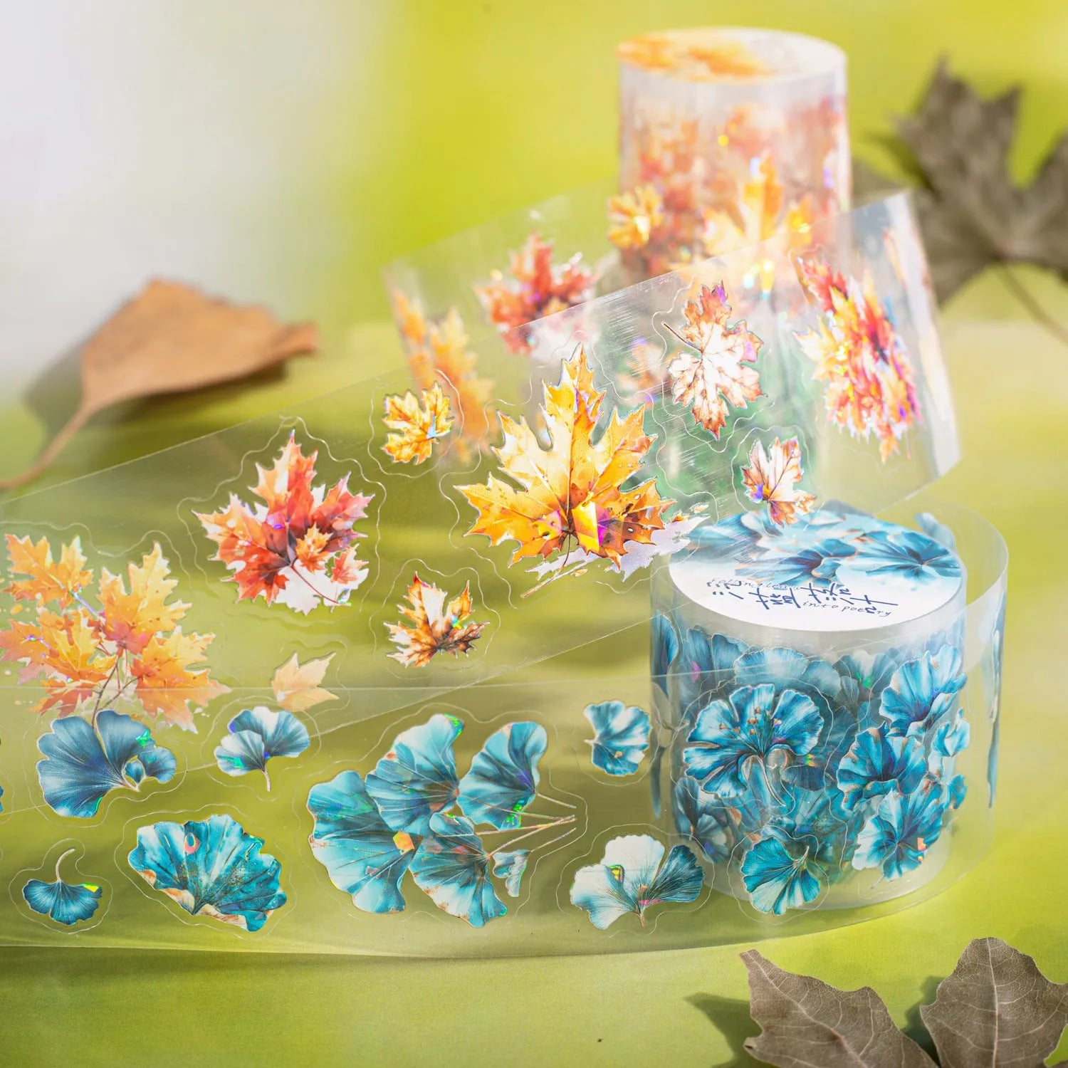 Deciduous Poetry DIY decorative stickers roll showing six nature designs including ginkgo leaves and maple leaves on 40mm wide PET material